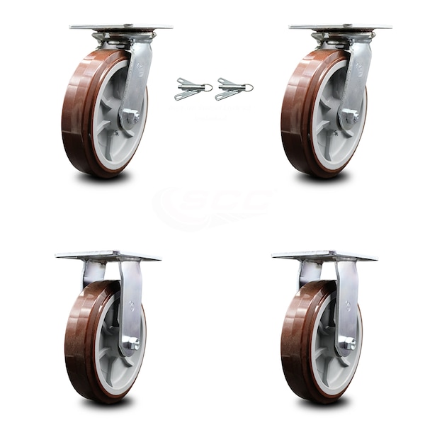 8 Inch Polyurethane Caster Set with Roller Bearing 2 Swivel Lock and 2 Rigid SCC